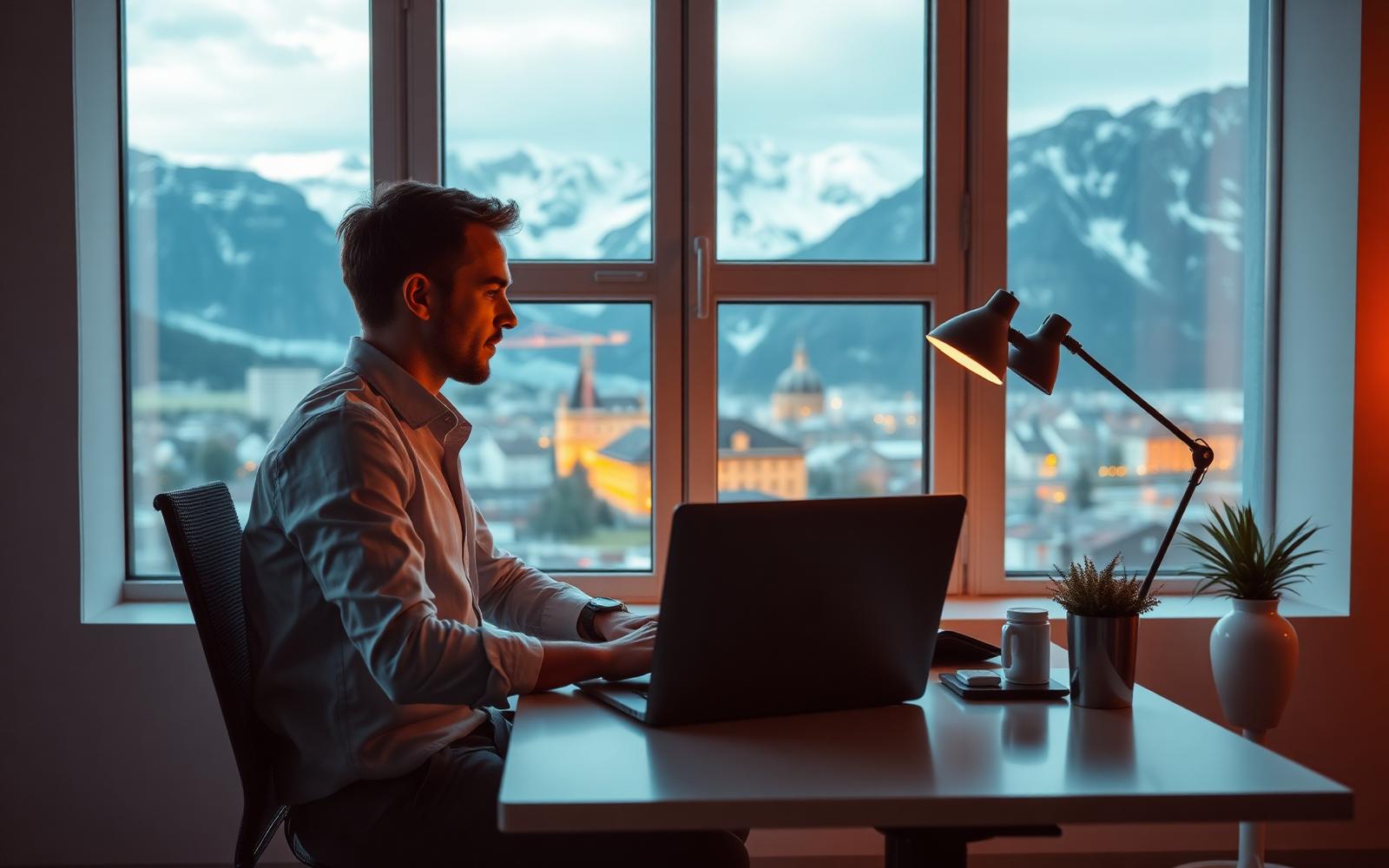 Fachkraft arbeitet remote mit Blick auf Schweizer Berge